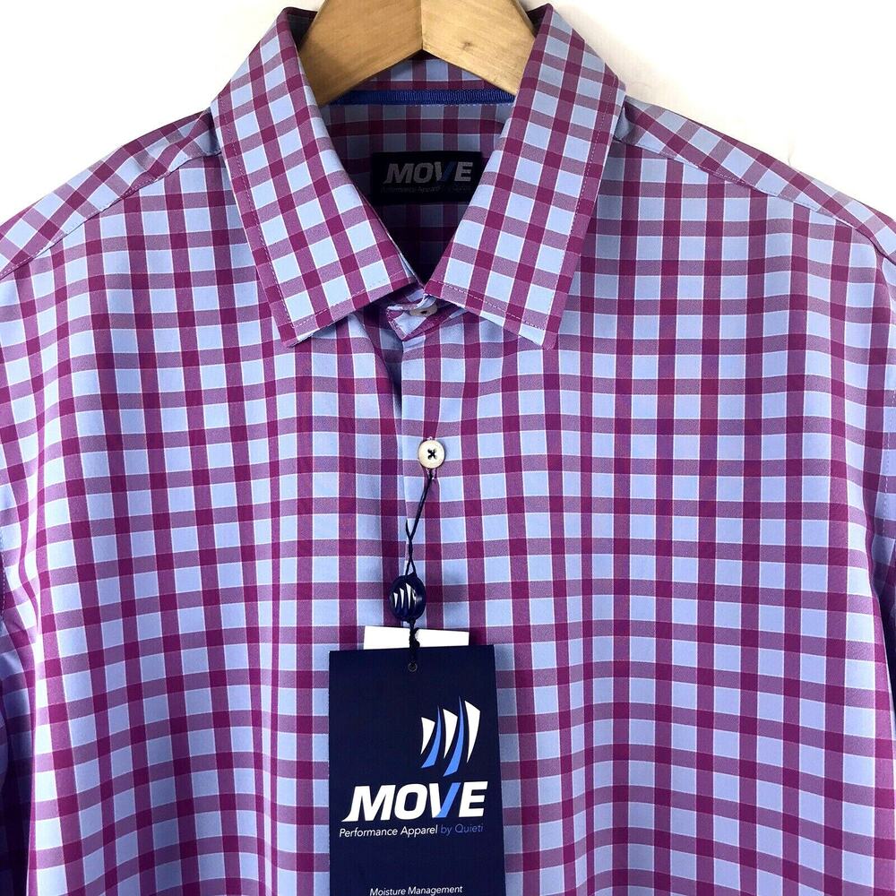 Quieti MOVE Performance Shirt Mens Small Blue Pink Check Wicking Non Iron NEW